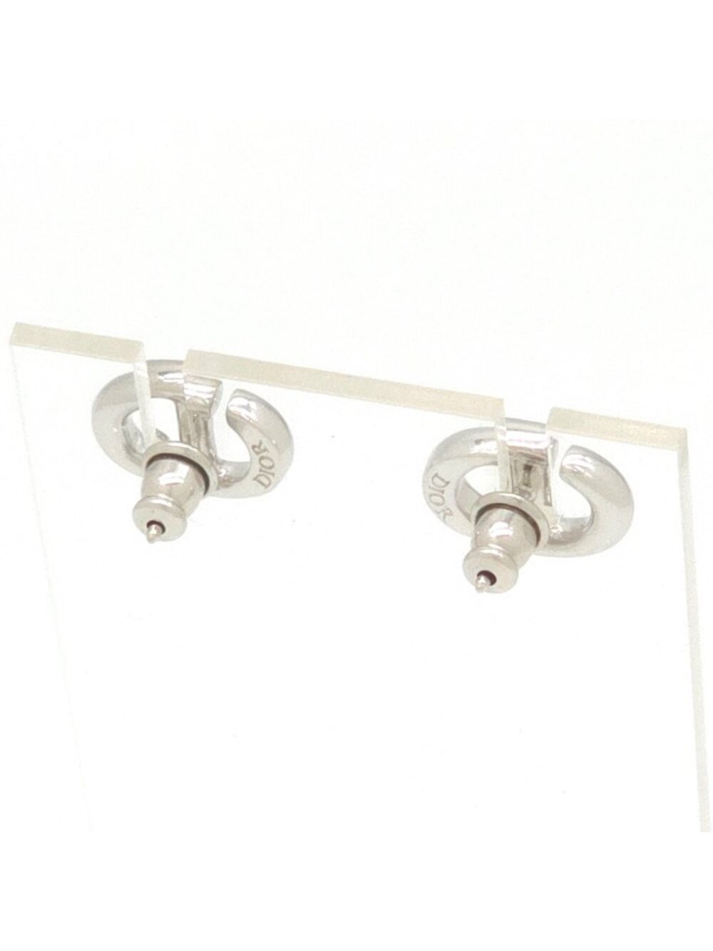 Dior CD Navy Stud Earrings CD Signature Silver Tone Metal Push Clasp
